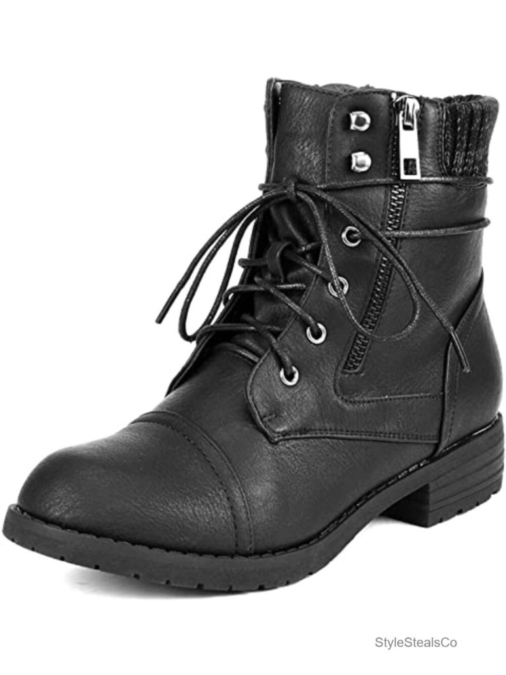 Women's Faux Leather Lace Up Combat Ankle Boots Block Heel